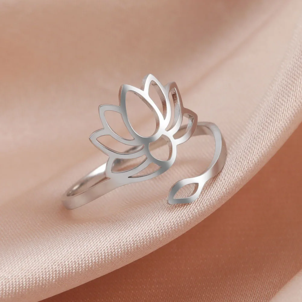 COOLTIME Stainless Steel Lotus Flower Open Rings for Women