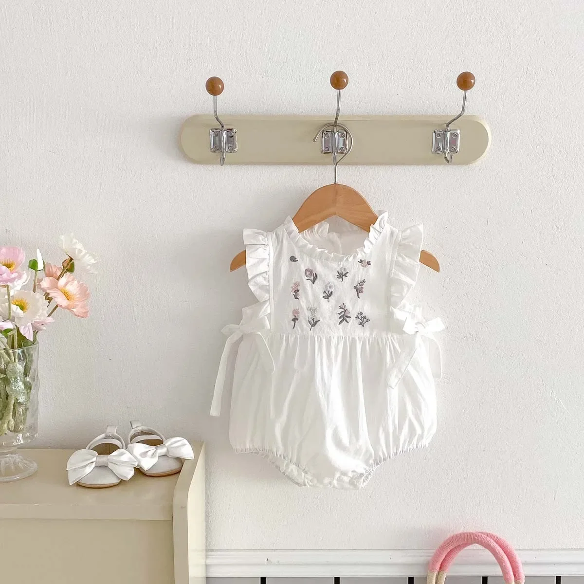 Summer Baby Romper Embroidered Butterfly Knot Side Waist Flying Sleeve Footed Bodysuit Girls
