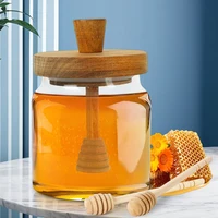 Airtight Syrup Dispenser with Wooden Dipper and Lid 18oz Honey Container Holder Honey Jar Pot Modern Honey Syrup Glass Container 2