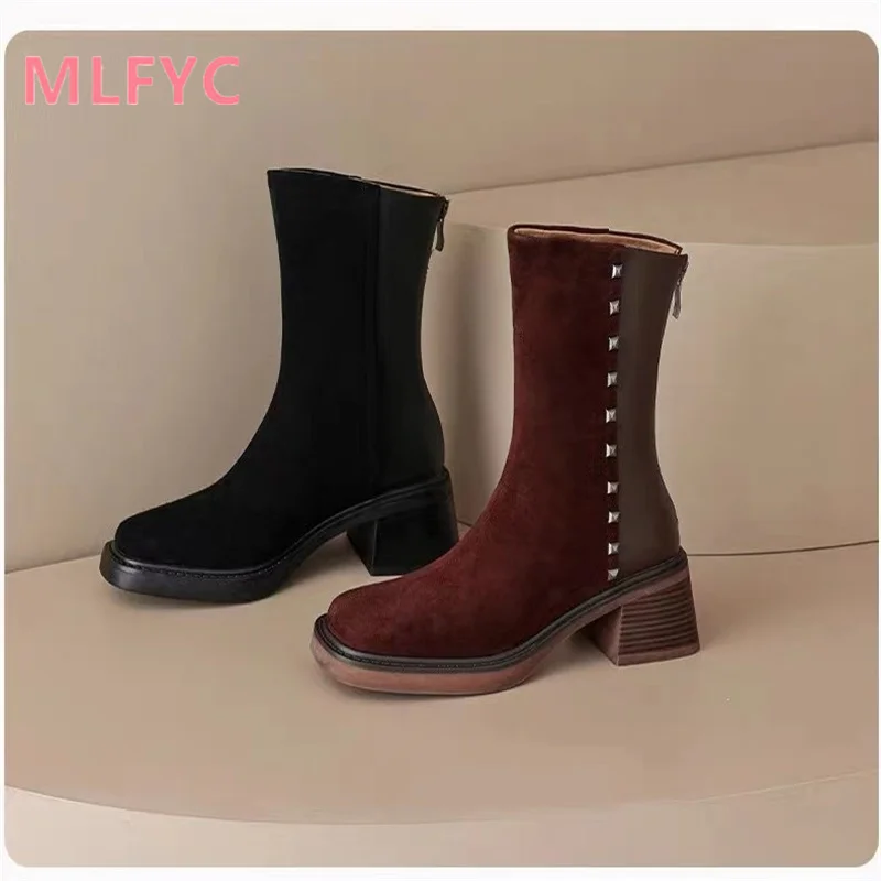 High Heel Short Boots Women's 2023 Autumn/Winter New Spliced Rivet Waterproof Platform Autumn/Winter High Heel Boots