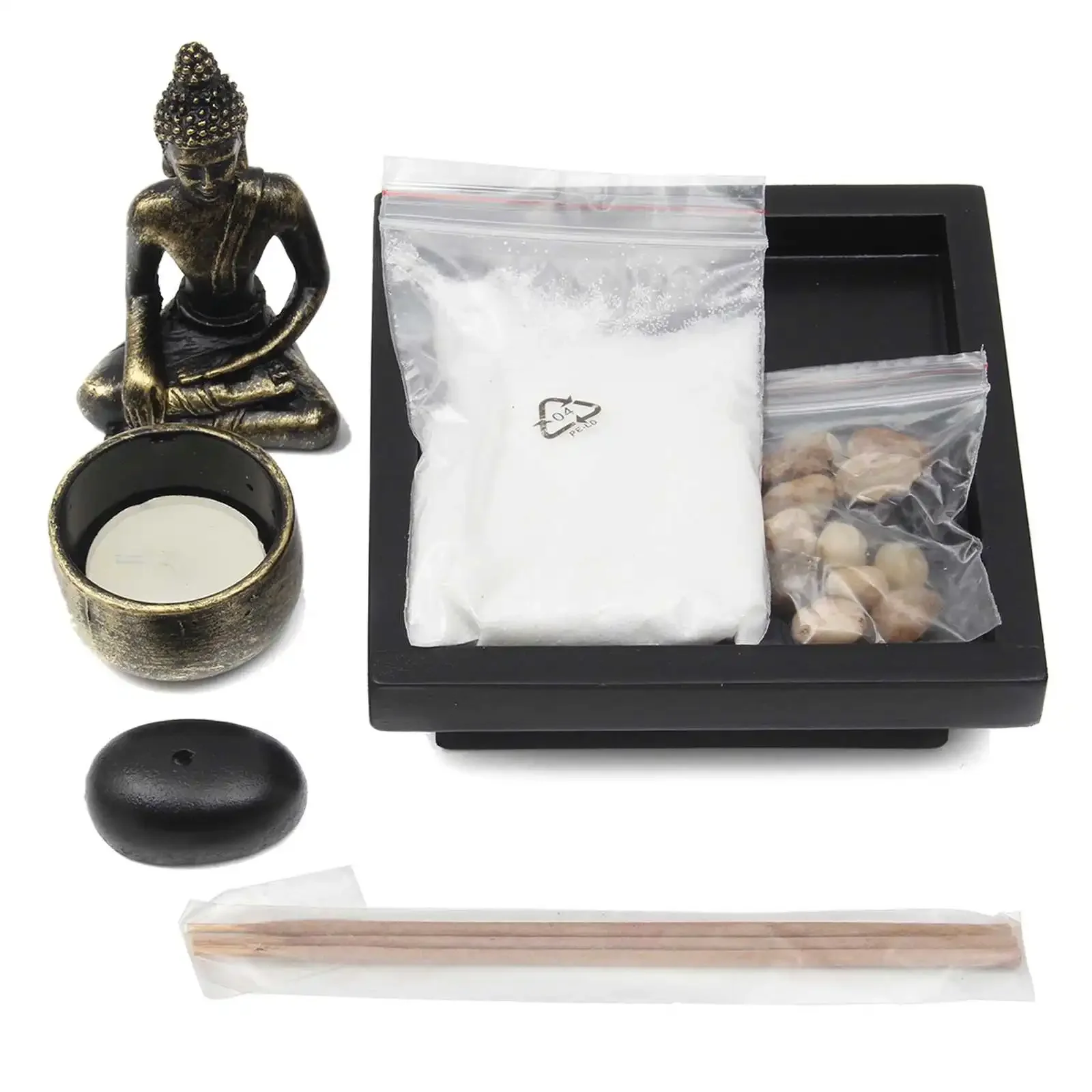 HERCHR statua di Buddha seduto con pietre naturali e portacandele, Budda Statua Candela e Porta Incenso per Bastoncini in Vassoio Giardino Zen, Decorazione Feng Shui