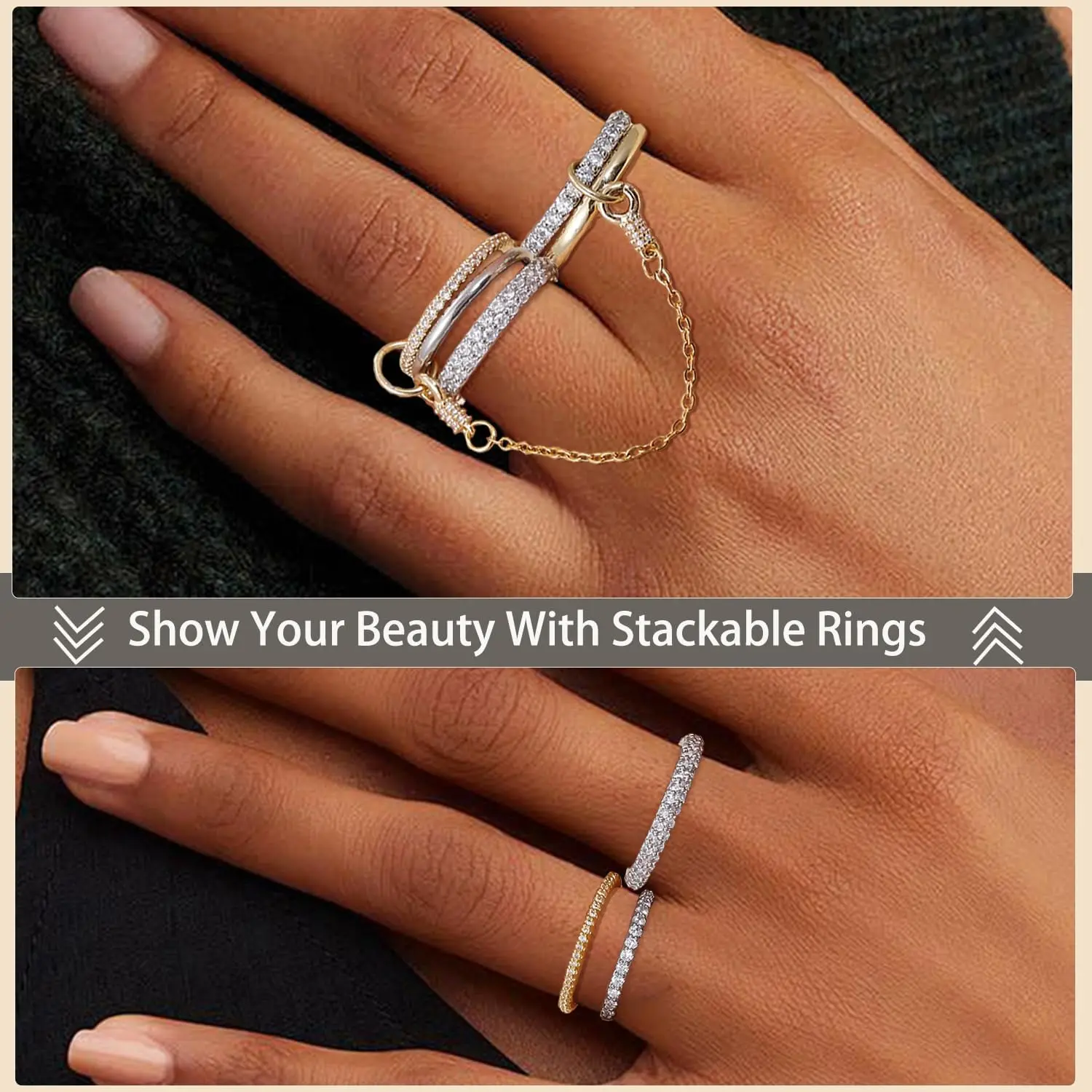 Elegant Gold Plated Interlocking Chain Rings with Cubic Zirconia - Set of 5