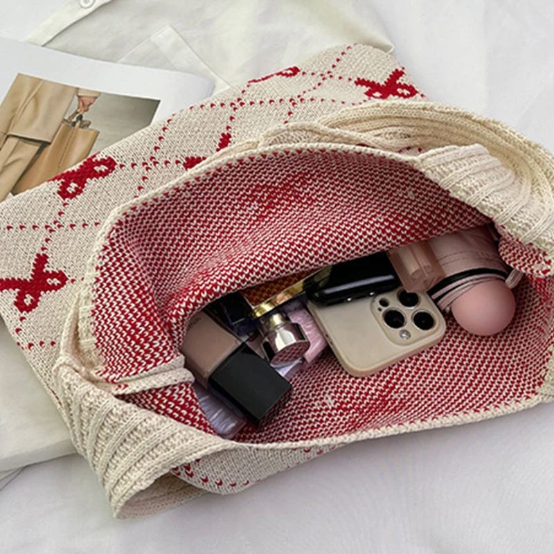Bow Knitted Women's Bag Knit Eco Bag Korean Foldable Shopper Y2K Crochet Rope Shoulder Bag Sweet Knitting Handbag Ins Tote Bag