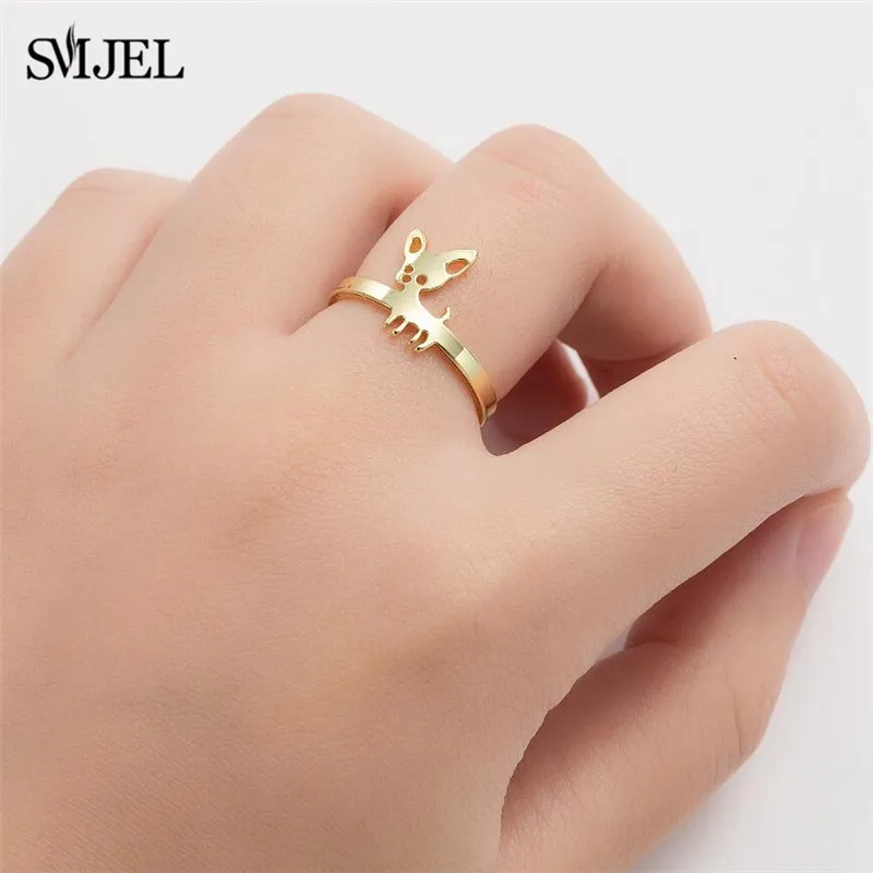 Cute Chihuahua Dog Rings for Women Stainless Steel Cat Butterfly Adjustable Finger Ring Animal Knuckle Jewelry