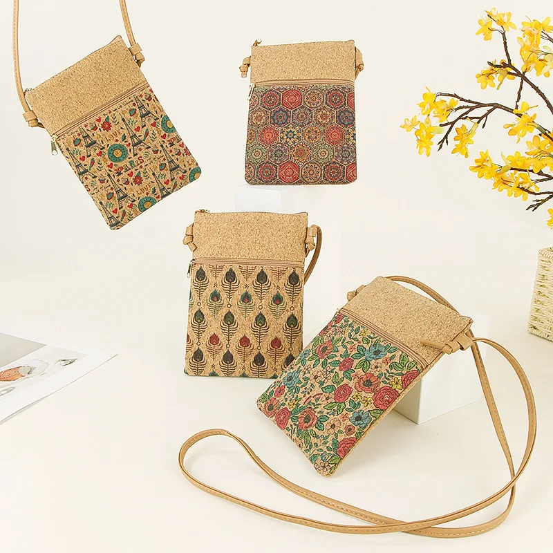 Women's Vintage Print Mobile Phone Bag Wallet Large Capacity Cork Shoulder Crossbody Bag Fashion Phone Pouch Card Holder Purse