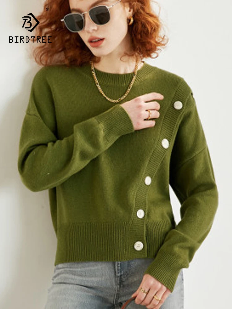 

Birdtree 100%Sheep Wool Round Necked Sweater For Women Autumn Winter Women Daily Basic External Wear Knitted Sweater T3D577QC