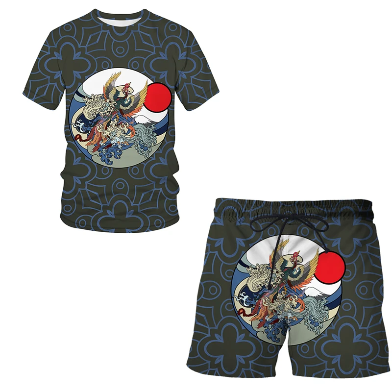 

Japan Style Totem Pattern 3D Print Men's O-Neck T-shirt Sets Casual T-Shirt Shorts Two Piece Set Harajuku Tracksuit Man Clothing