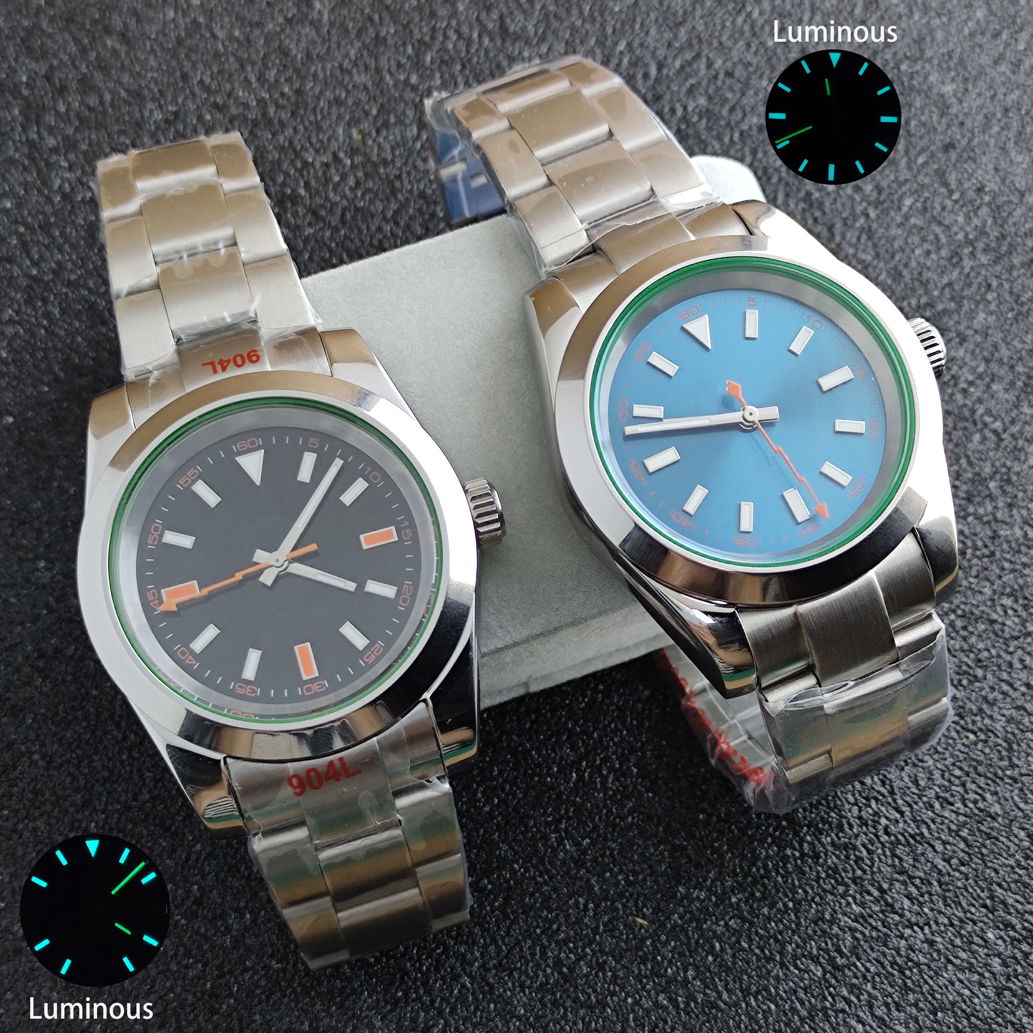 40mm Case NH35 36 Sport Watch Sapphire Glass Custom Dial Casual Men's Watch Transparent Back Cover with Blue Green Glow