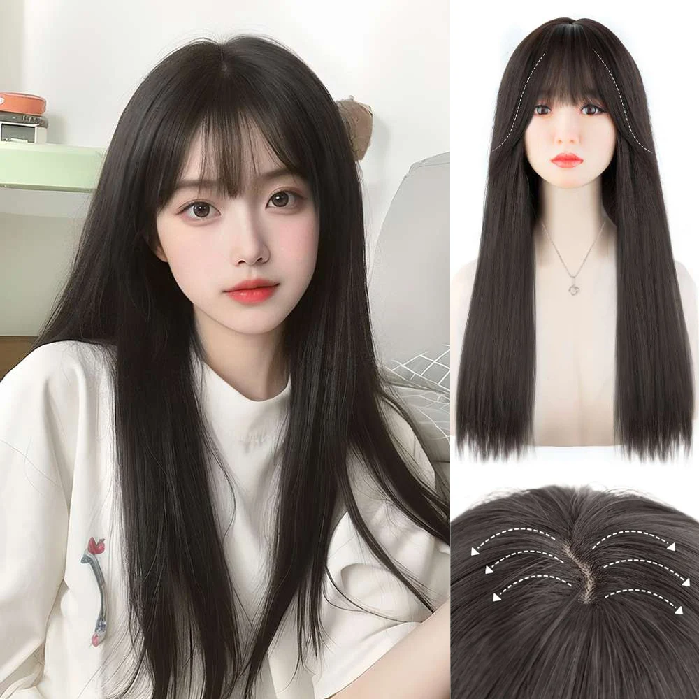 

ALXNAN Long Straight Synthetic Wig with Bangs Black Hair Wigs for Women Cosplay Natural Hair Wigs Party Heat Resistant