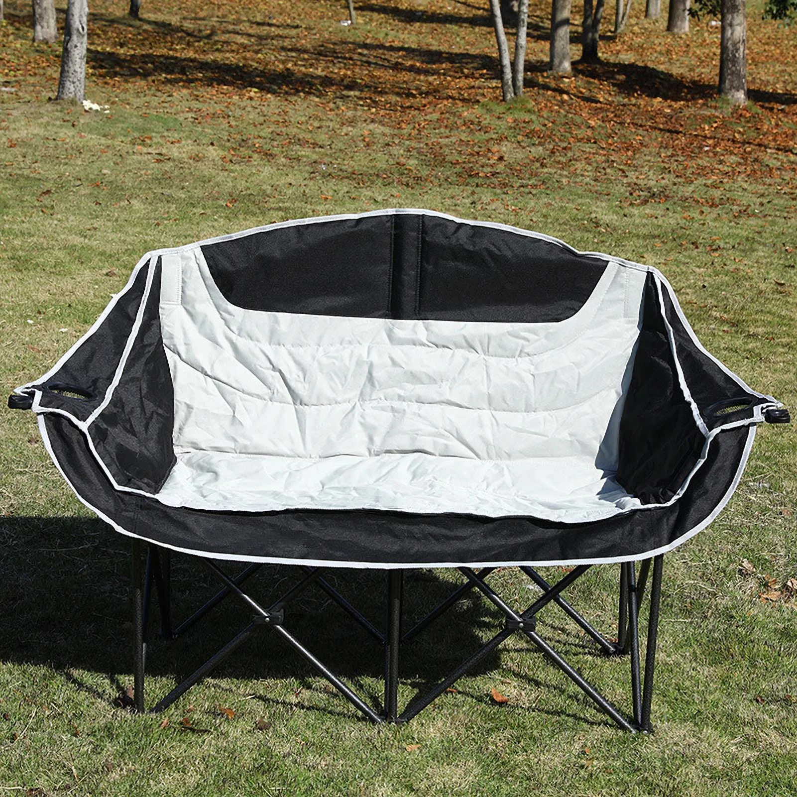 Double Seat Collapsible Chair with Cup Holder Foldable Design Strong Load-bearing Waterproof Fabric Oversized Loveseat Camping 5