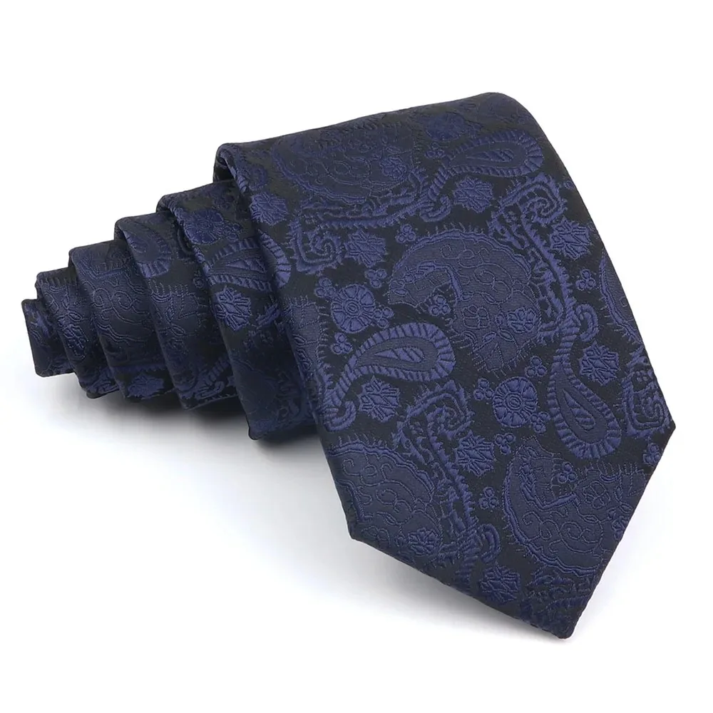 Men's Polyester 8cm Ties Vintage Navy Blue Striped Paisley Pattern Jacquard Weave Necktie Business Wedding Party Accessory Gift
