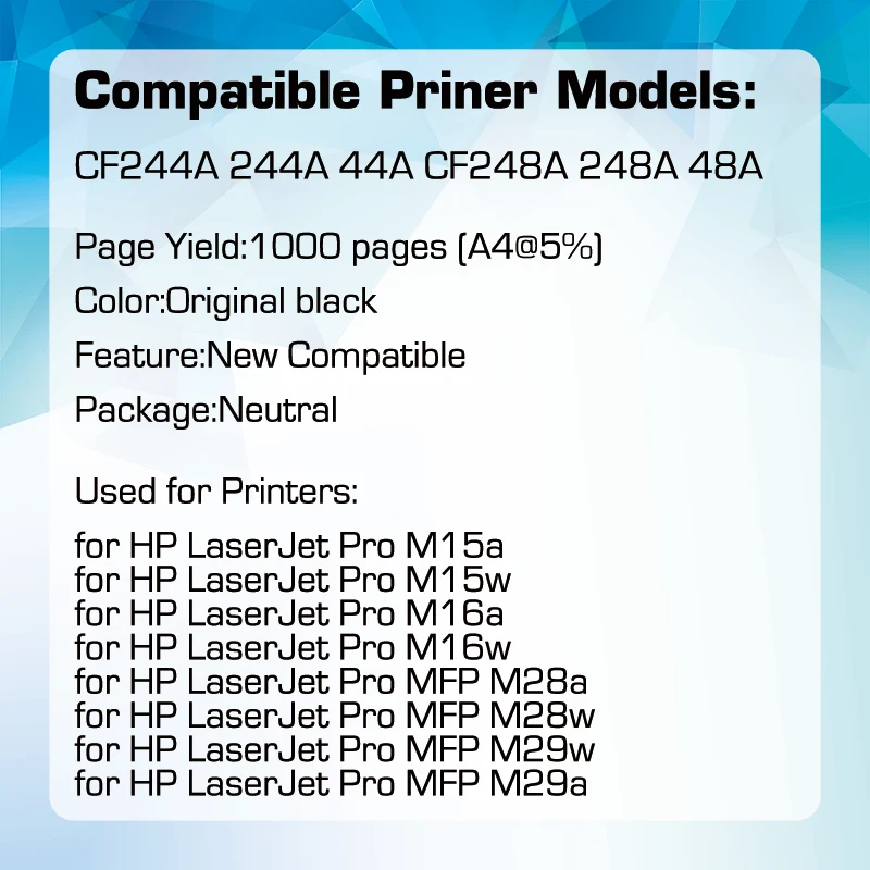 Qualicom 48A 44A CF248A CF244A Compatible TONER Cartridge for HP LaserJet Pro M15a M15w M16a M16w MFP M28a M28w M29w M29A