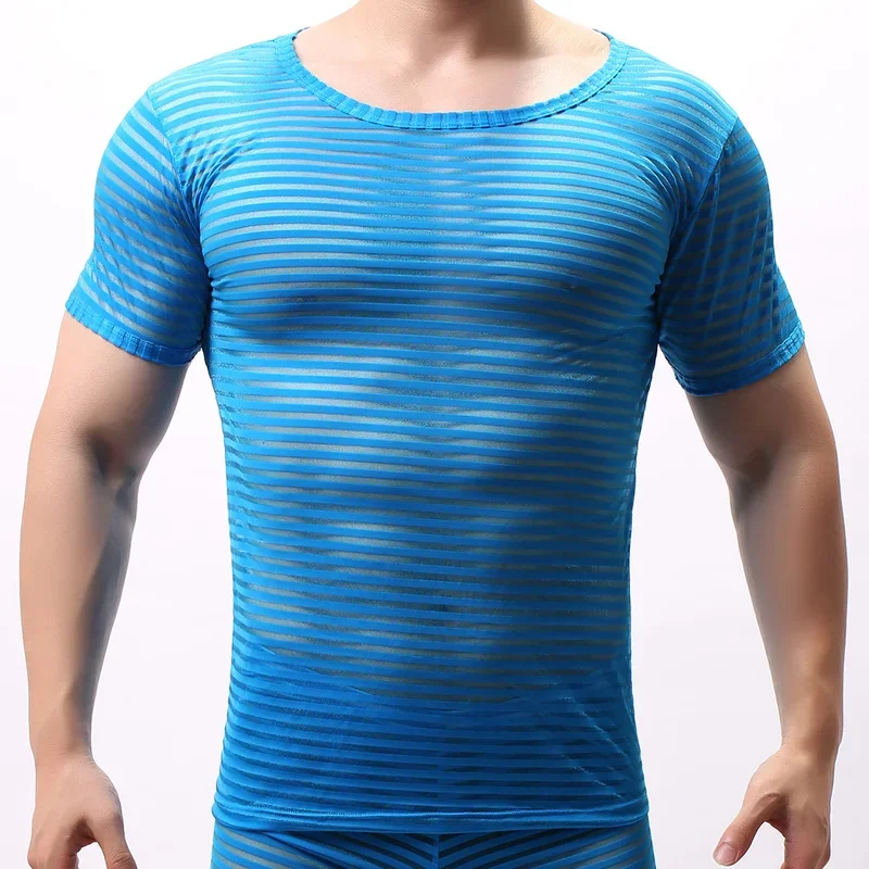 Men Undershirts Mesh Striped Transparent Tops Tee camiseta interior hombre Casual Muscle Bodybuilding Fitness T-shirt Underwear