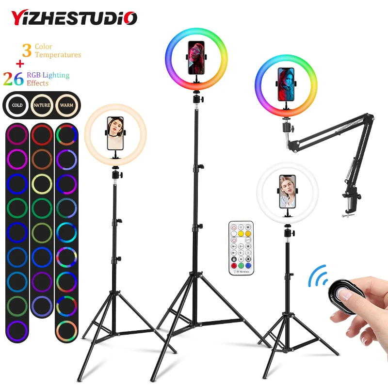 Foto Led Ring Light 26Cm Selfie Ring Lamp Con Treppiede Clip Per Telefono Dimmerabile Rgb Video Fill Light Of Youtubemakeup Video Streaming