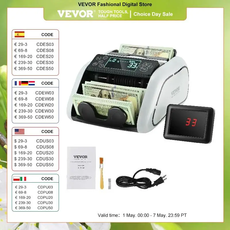 

VEVOR 1000 Pcs/Min Money Counter Business Cash Register Bills Counterfeit Bill Detector by UV/MG/IR/DD Function for Bank Store