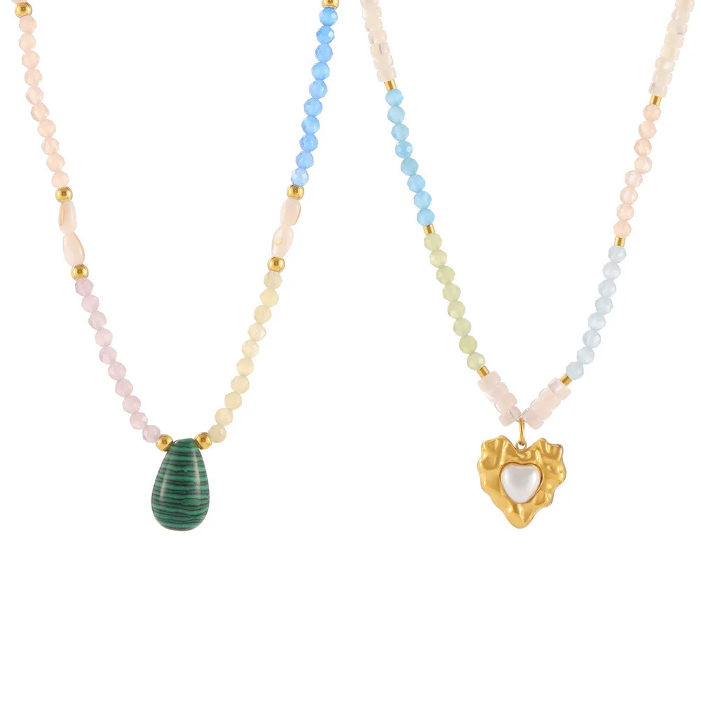 Naturstein-Perlenkette Damenmode Malachit Edelstahl Herz-Muschel-Anhänger Elegante Halskette Schmuck Geschenk