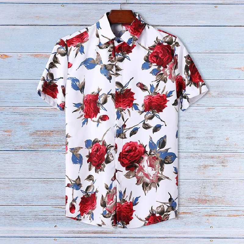 Visesunny Men's Short Sleeve Hawaiian Shirt - Red Ladybug & Flower Print, Quick-Dry