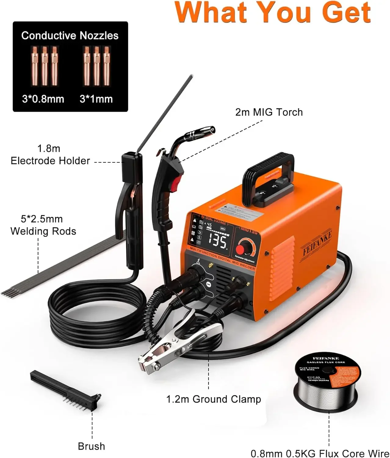 135A Flux Core MIG Welder 110V 3-IN-1 MIG/ARC/Lift TIG Welding Machine IGBT DC Inverter Gasless Welder Synergy Welding Machine