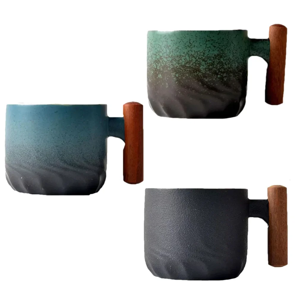 Tea Cup Coffee Mug Coffee Cup Ceramic Retro Coffee Cup Gradient Glazed Ceramic Office Water Cup Filter Tea Mug Wooden Handle Coffee Mug Handmade Tea
