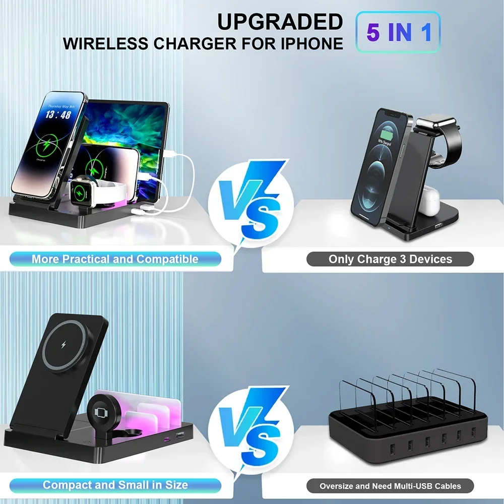 5 in 1 Magnetic Wireless Charger Station Stand USB PD Port LED Light For Magsafe iPhone 16~12 Pro Max Apple Watch AirPods 3 Pro