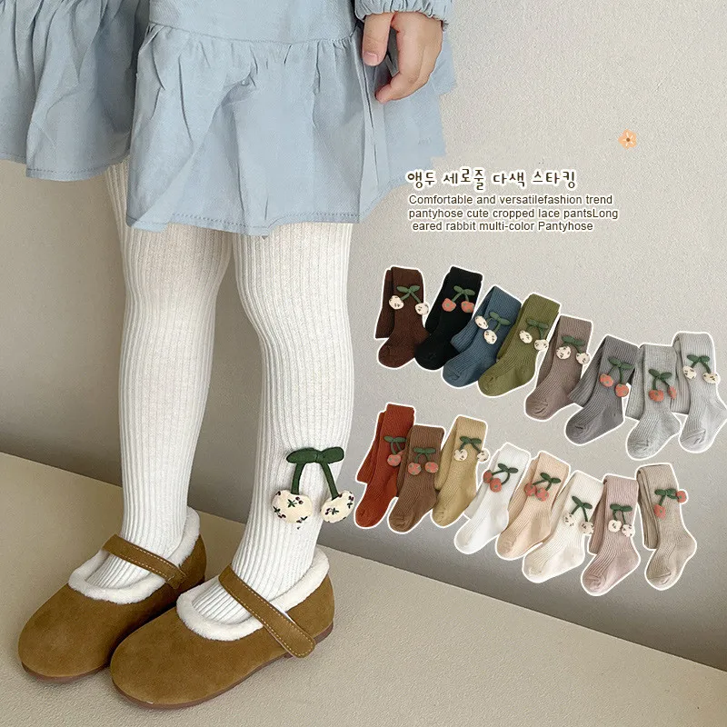 

Baby Kids Spring Autumn Cotton Stockings Girls Cute Cherry Pantyhose Thickend Tights For Children Vertical Leggings