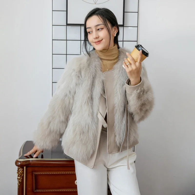 Real Fur Fox Coat Female Short Women's Clothing Fur One Coat 2023 Winter Young New Knitted Fashion Slim Casual Fluffy Jackets1Pc