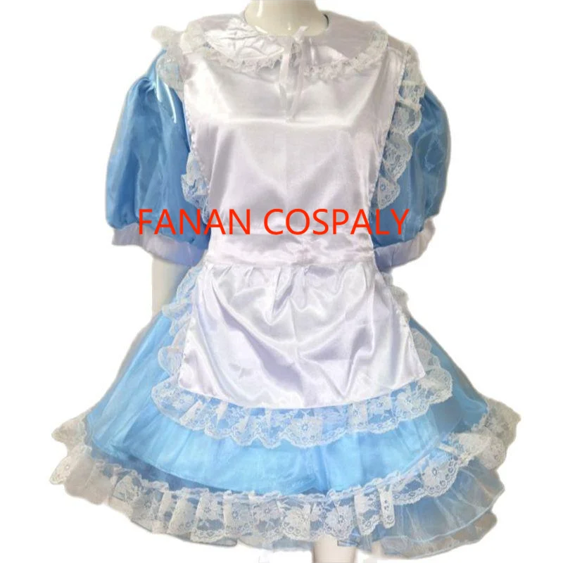 

Adult Giant Baby Sexy Girl Blue Thin Satin Sissy Short Sleeve Dress White Apron Japanese Servant Role Playing Gothic Lockable