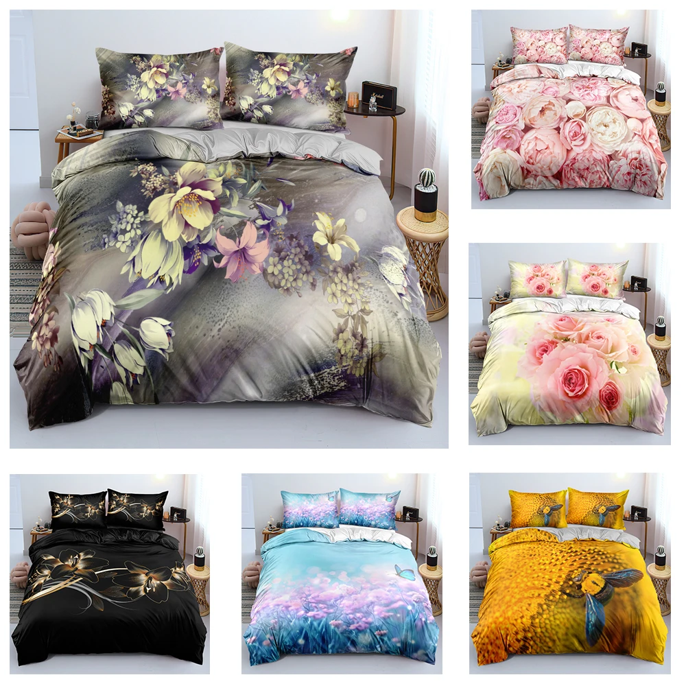 Classic Duvet Cover Set Black Flower 3d Design Floral Bed Linens Girls