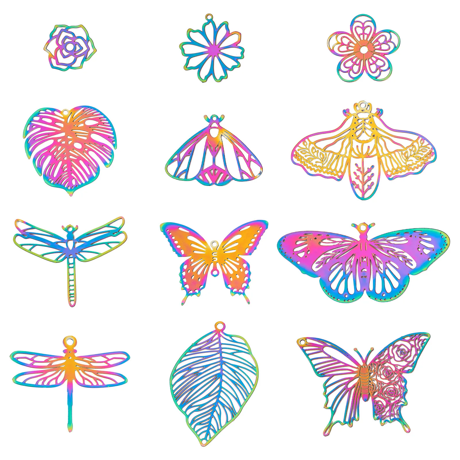 

24Pcs 201 Stainless Steel Filigree Pendants Rainbow Color Mixed Animal Butterfly Flower Metal Charms for DIY Jewelry Making