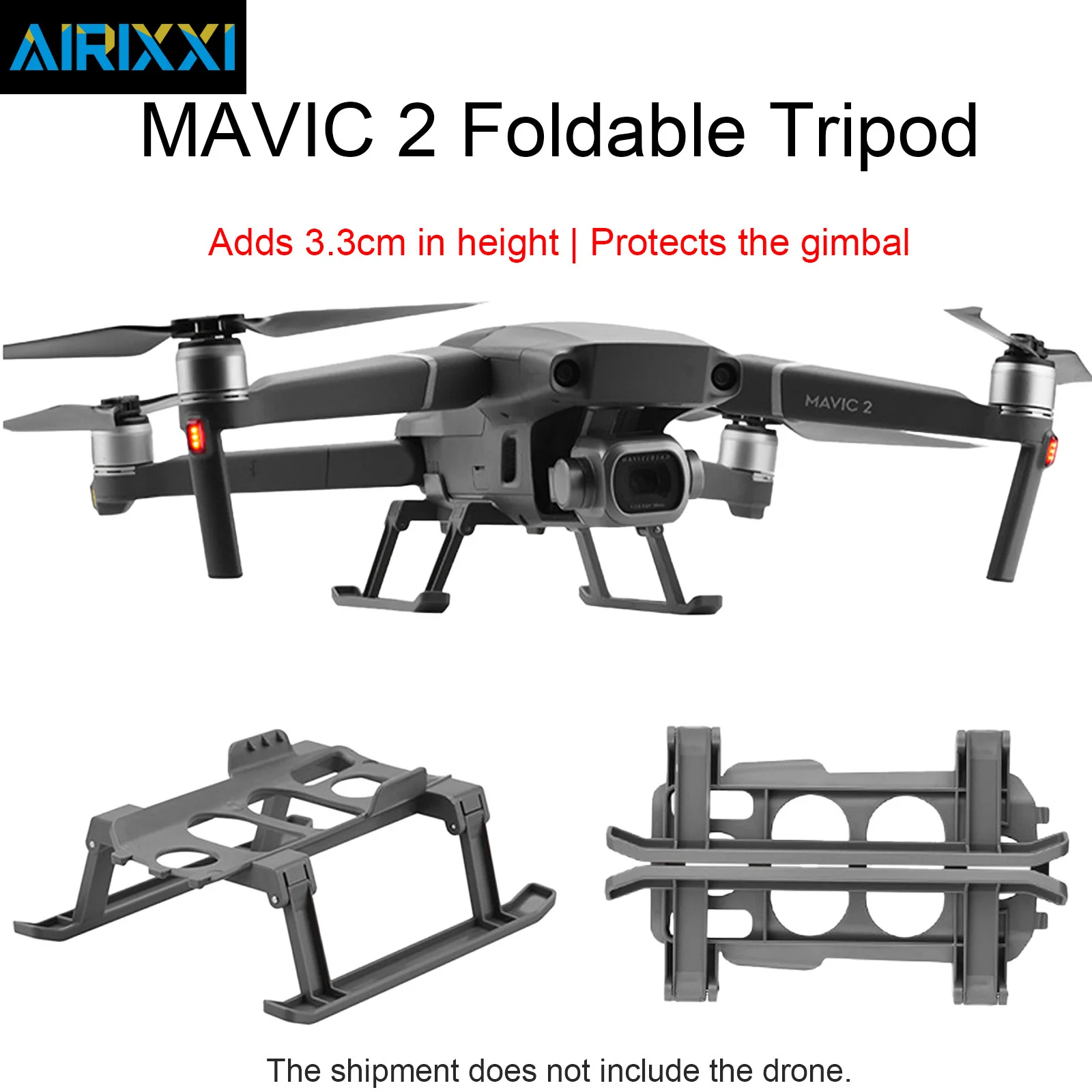 Vue latérale du train d'atterrissage pliable pour DJI Mavic 2 Pro/Zoom, montrant les pieds en ABS noir dépliés sous le drone.