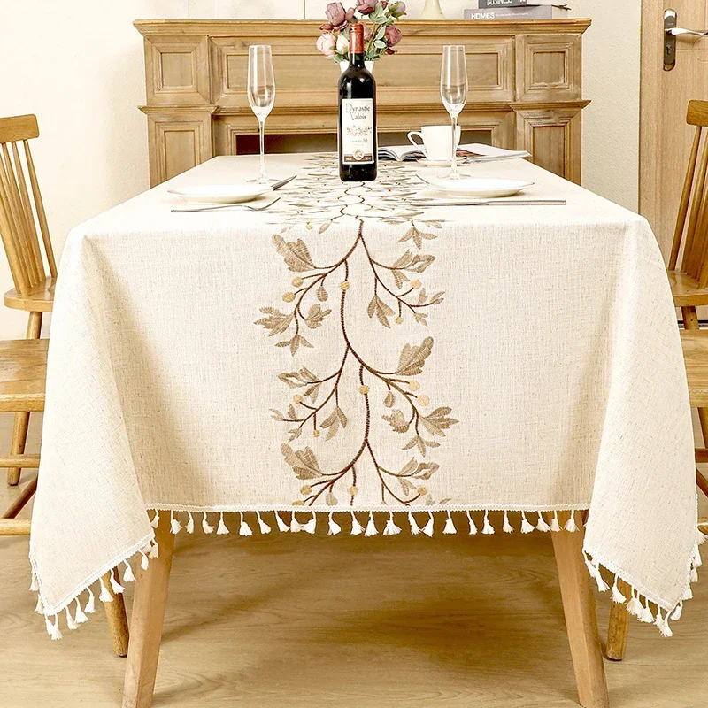 Rustic Coffee Leaves Pattern Waterproof Tablecloth - Cotton Linen Rectangle for Kitchen and Living Room Decor