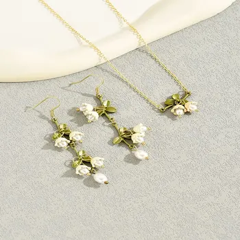 화이트 릴리 오브 더 밸리 진주 신부 주얼리 세트, 목걸이 귀걸이, 슈퍼 요정 귀걸이, 소녀 쇄골 체인 웨딩 주얼리