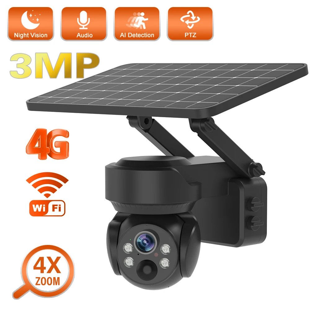 

Наружная Солнечная камера 3MP 4G/Wi-Fi, 4-кратный оптический зум, обнаружение движения, полноцветное ночное видение, IP PTZ-камеры видеонаблюдения