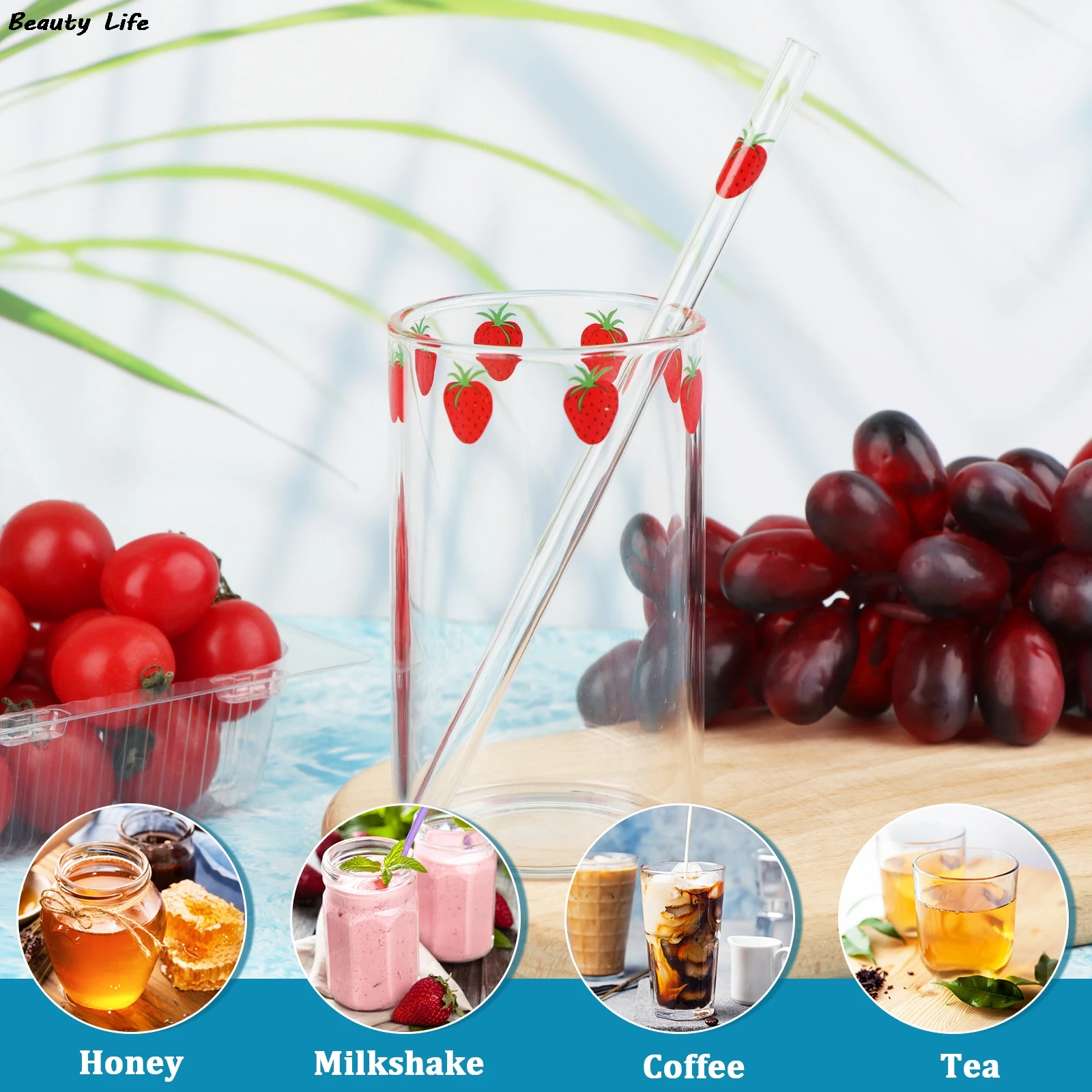 Kawaii Style Mugs Strawberry Glasses Cup Coffee Milk Water Glass Cups with Straws Clear Cute Juice Gifts for Girl Lady Set Ins glass measuring cup,glass cup,glass mug,coffee glass cup,heat resistant coffee glass cup,glass coffee mug,glass tea cup,glass tumbler,glass whiskey cup,glass straw cup