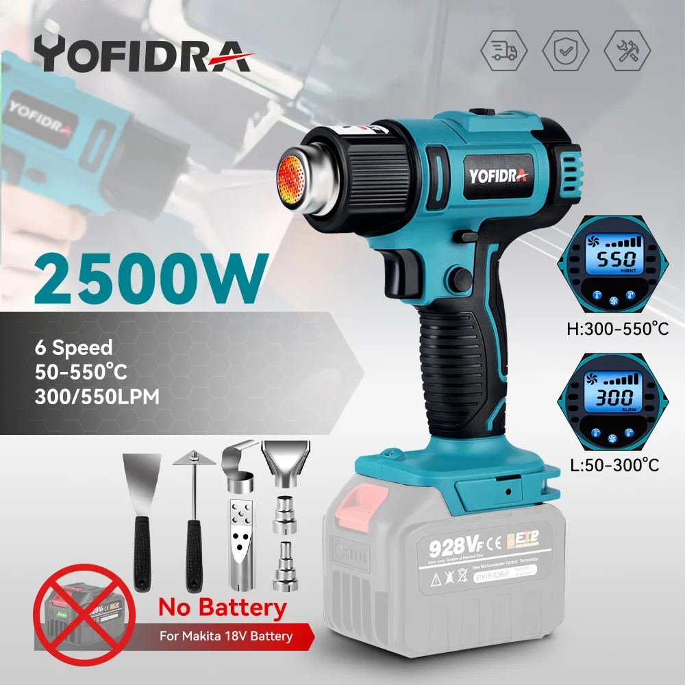 Yofidra 50-550 ℃ Pistola Termica Cordless Velocità Del Vento 6 Gear Led Display Della Temperatura Pistola Ad Aria Calda Domestica Industriale Per Batt