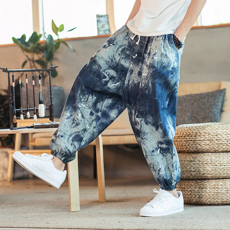 

Mens Splash Ink Print Baggy Genie Boho Yoga Harem Pants Casual Cotton Low Crotch Joggers Sweatpants Hip Hop Hippie Trousers 5XL