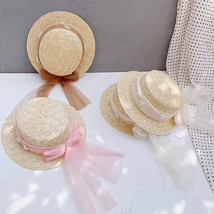 Elegant Fashion Mother Daughter Sunhats Lace Mesh Pearls Hat Cap Outdoor Beach Sunprotection Summer Straw Hat for Adult and Girl 4