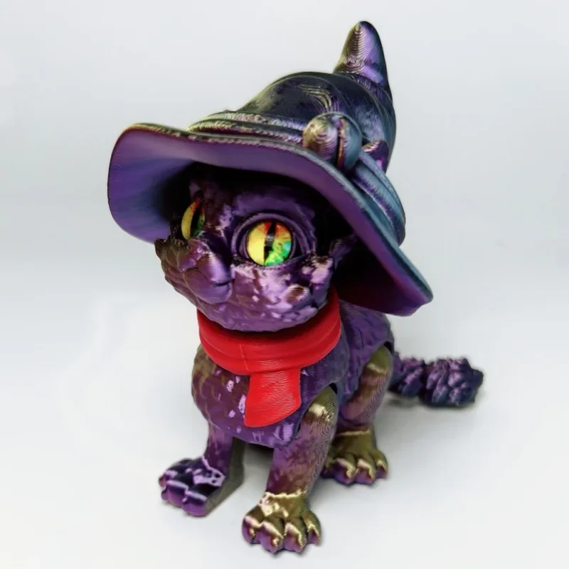 Magical 3D Printed Movable Cat Figurine with Witch Hat - Home and Office Decoration Gift