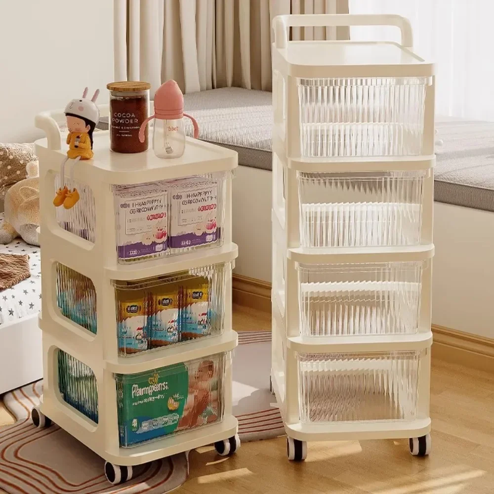 Storage Rack Folding Shopping Cart Kitchen Storage Cart Transparent Drawer-Type Trolley Multilayer Movable Rolling Storage Cart Handle Utility Cart Snack Toy Organizer Storage Box