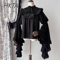 Lolita Shirts Pure White Black Ji Sleeves Shirt SK Fishbone High Waist Skirt Women Dark Goth Slim Blouse Long Skirt 2-piece Set - Image 6