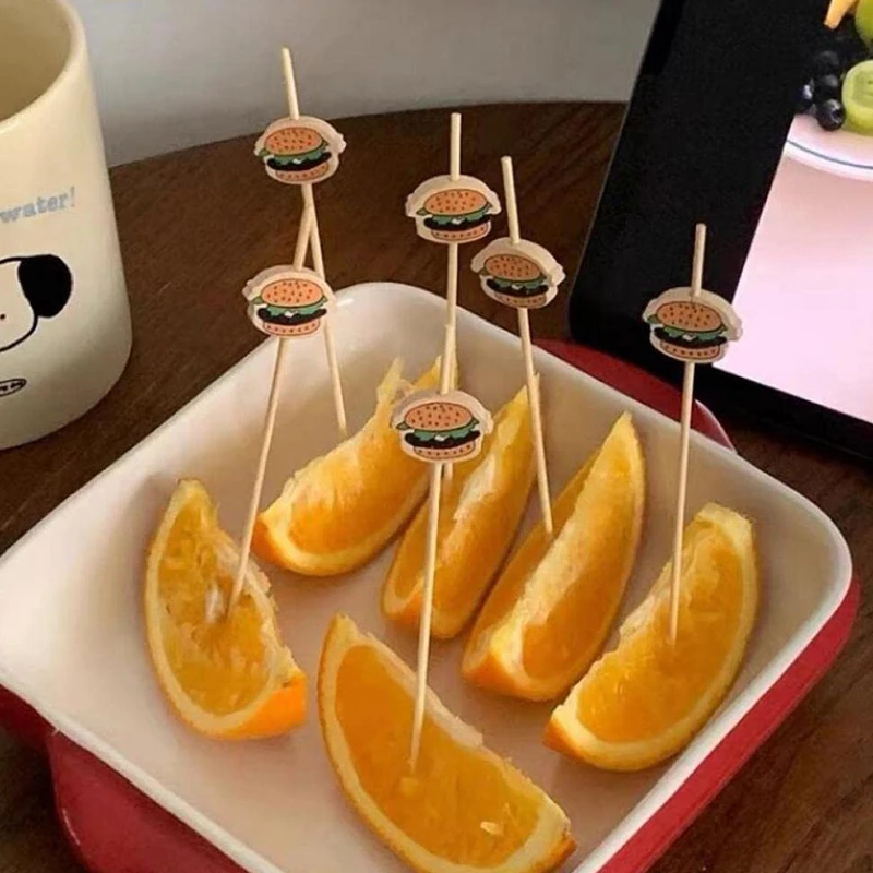Food Picks 100 Pcs Burger Decorated Bamboo Sticks Disposable Fruit Sticks Snack Skewers Party Bamboo Food Picks Sandwich Decoration