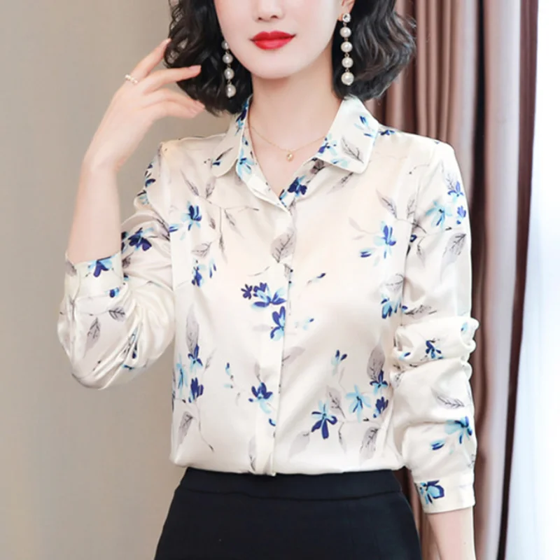 Silk Women Shirts Blouses Long Sleeve Shirt Women Satin Printing Blouse Floral Top Fashion Clothes Woman 2022 OL Button Up Shirt