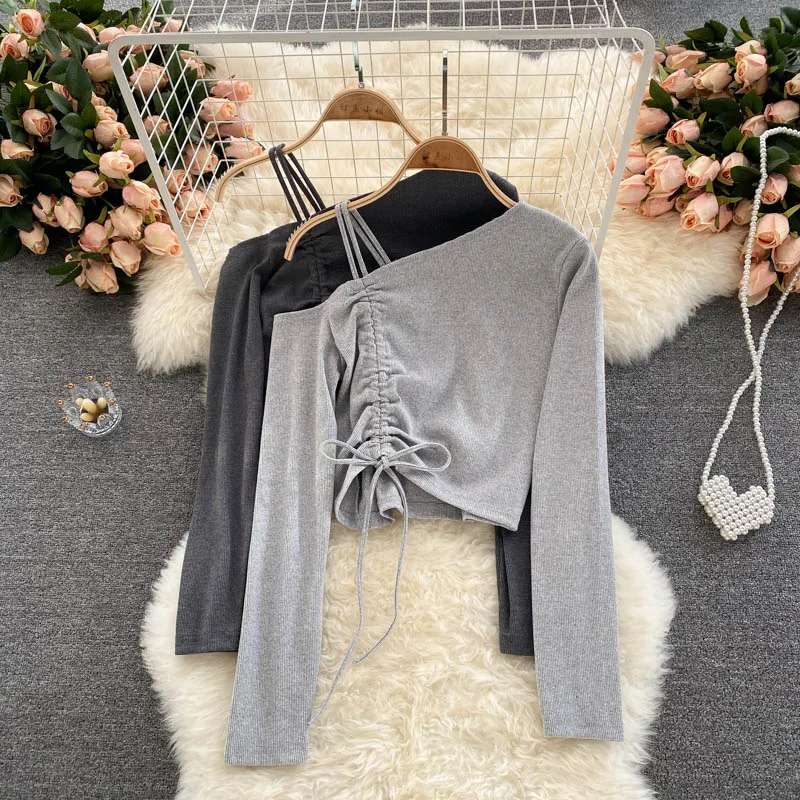

Cotton Tshirt Women Slim Full Sleeve Skew Collar Cropped Tee Shirts Lady Stretchy Draw String Crop Tops T-shirts