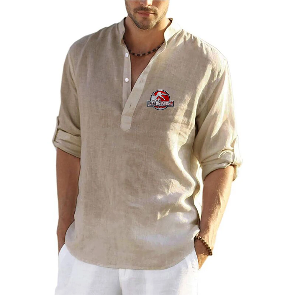Jurassic Park 2023 New Hot Spring and Summer Men Fashion Linen Loose Sweatshirt Comfortable Solid Color Long Sleeve Cotton Shirt