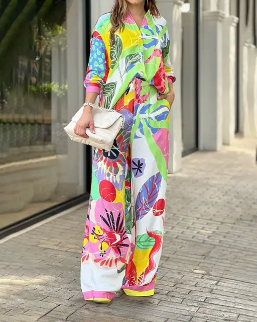 Wide Leg Pants Two Piece Set  Floral Long Sleeve Pants Set - Women Two  Piece Set - Aliexpress