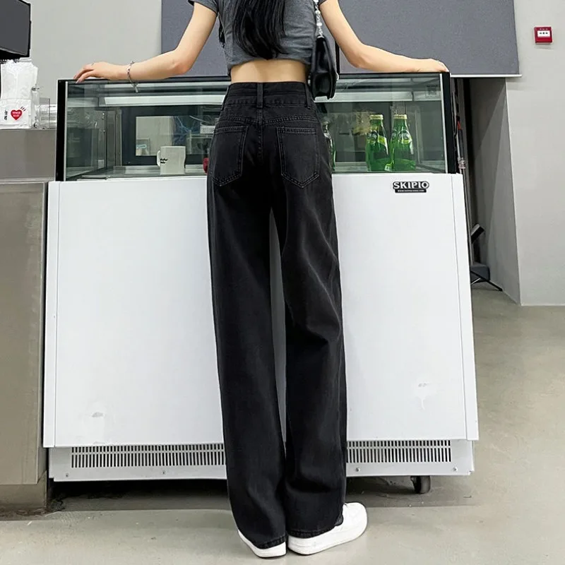 2023 New Spring Autumn Black Denim Pants Women Straight Sleeves Loose Legs High Waist Slimming Jeans Clothing In Large Sizes