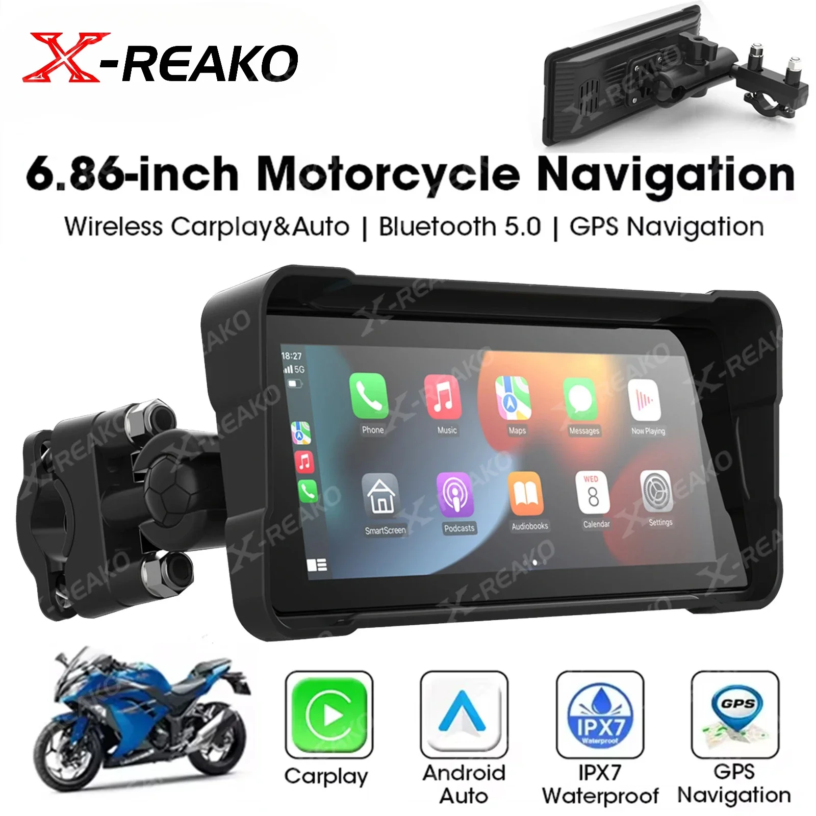 X-REAKO 6.86-inch Motorcycle GPS Player IPX7 Waterproof Carplay Android Auto Mirror link Supports Bluetooth Headset/Helmet