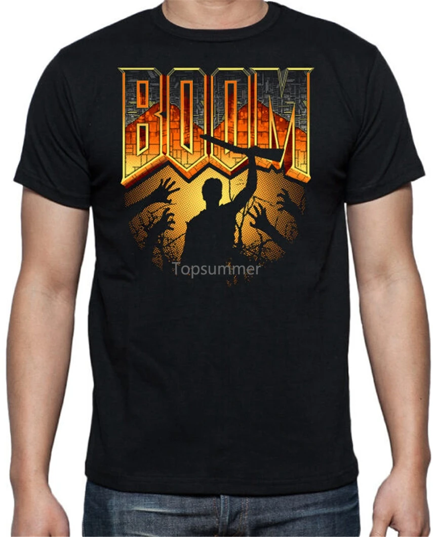 

Evil Dead Dooms Boomstick Funny Horror Movie Arcade Video Game Mens Black T Shirt Cotton Customize Tee Shirt