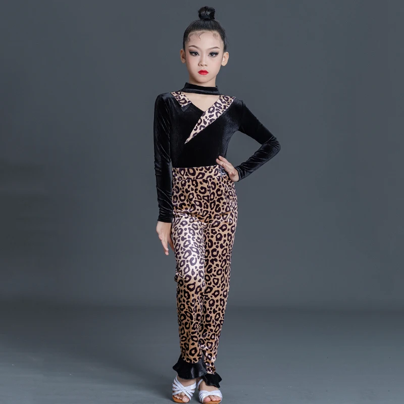 

Long Sleeved Ballroom Dance Competition Clothes Girls Black Velvet Latin Top Leopard Pants Child Latin Dance Costumes SL7479
