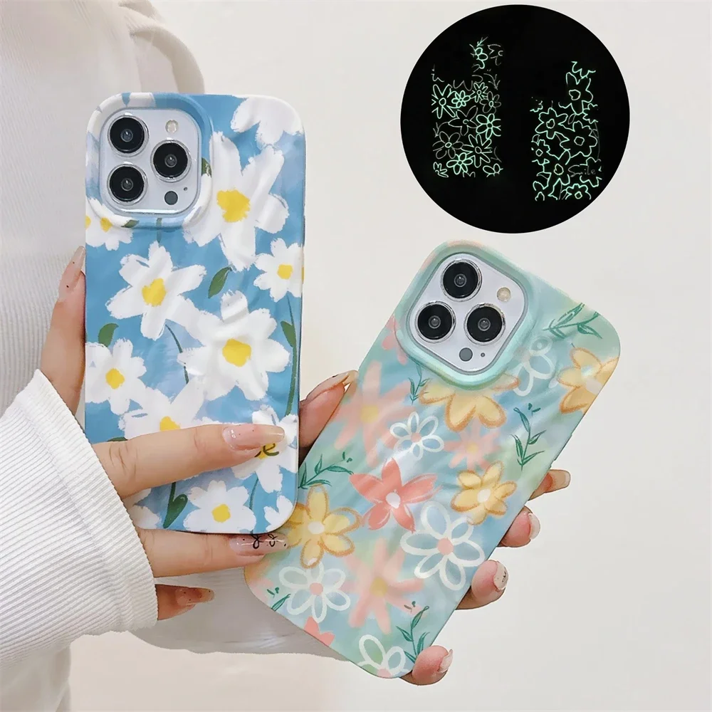 

Cute 3D Watercolor Flowers Pleated Wrinkle Phone Case For iPhone 15 14 13 Pro Max 11 12 Pro Max Luminous Floral Shockproof Cover